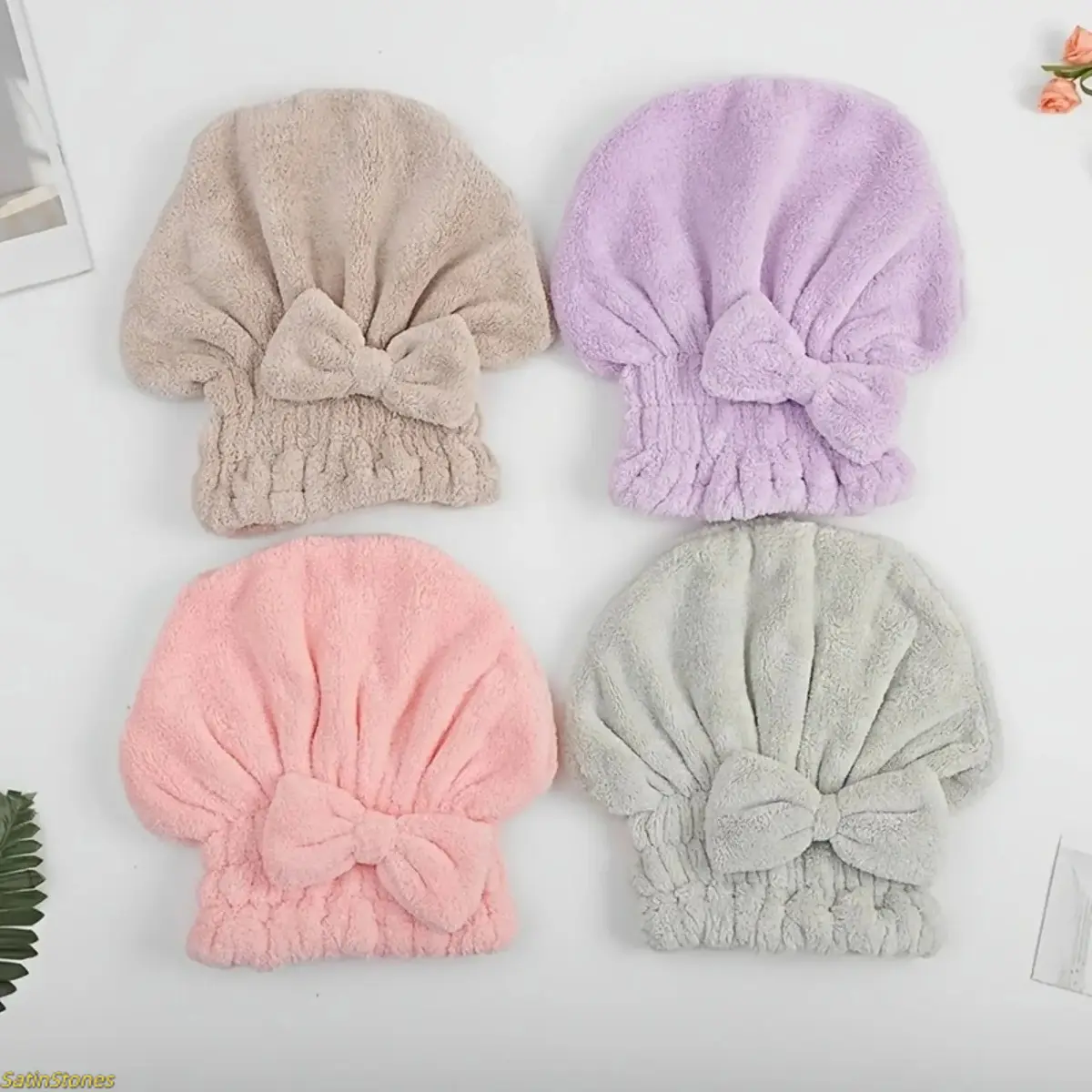 Hair Drying Turban for Women, 2-Piece Plain Cotton Wrap with Bow Decor, Soft & Absorbent for Casual Post-Shower and Morning Prep Use, Showercap, 2Pc, Chic, Adults, Solid, Ultra-Absorbent Fabric
