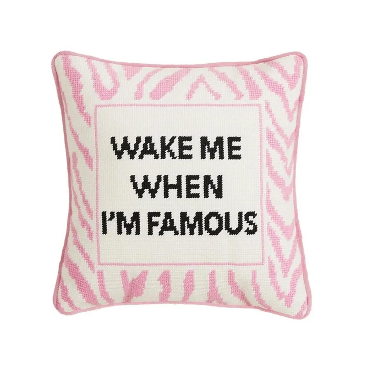 212 MAIN Adult 12x12 in. Wake When Famous Cotton Needlepoint Pillow - Pink, Embroidered Detailing, Blown-In Filler, Polyester Blend, Zebra Accent, Durable Decorative Pillow for Living Space, Modern Decorative Pillows