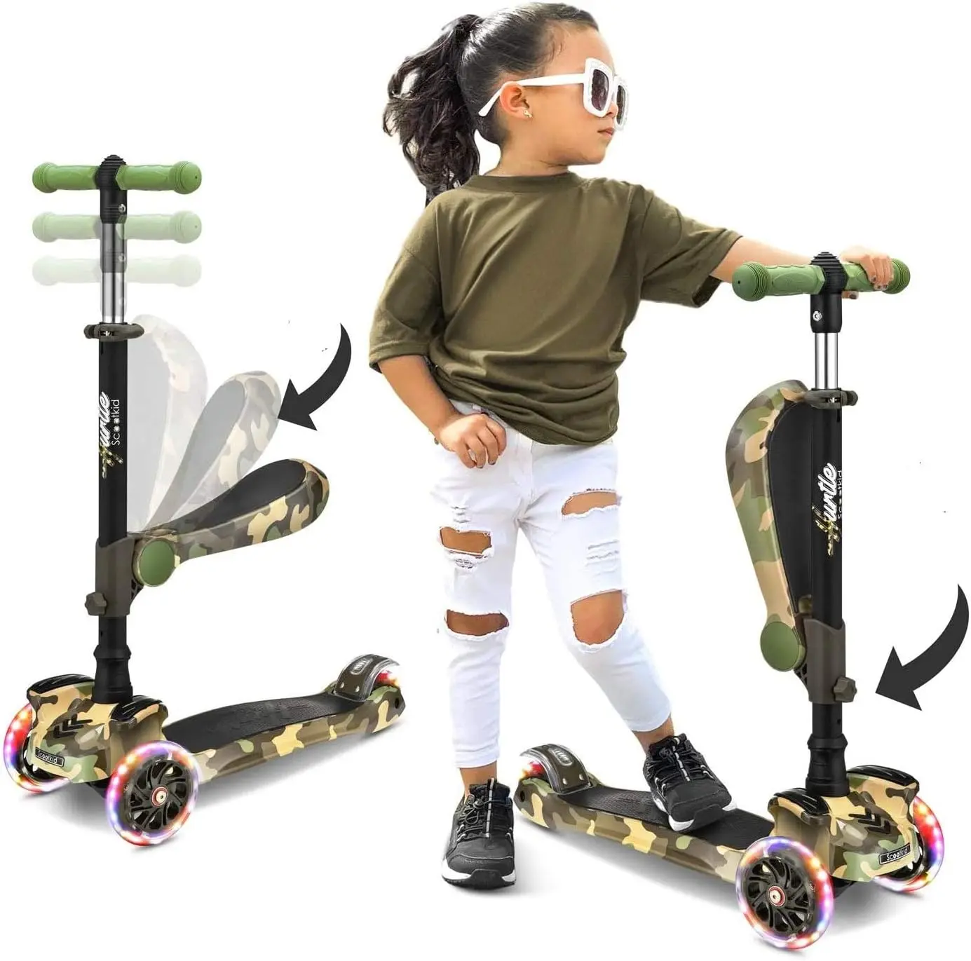 Mini Kids Scooter - Camouflage | 3-Wheel Kick Scooter with Sit or Stand with Removable Fold-Out Seat - Adjustable Height, LED Wheels, Anti-Slip Deck & Lean-to-Steer Technology - Portable Toddler Scooter for Indoor & Outdoor Play