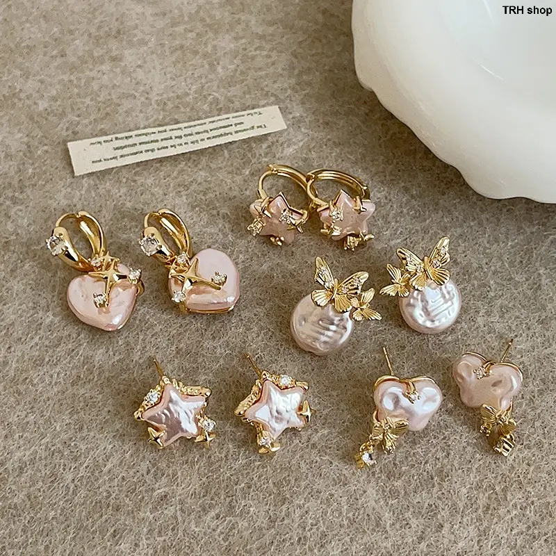 Women’s Sweet‑Edgy Pink Heart Star Pearl Bow Stud Earrings, High‑End Trendy Statement Ear Jewelry For Daily Street Dating Party Outfits