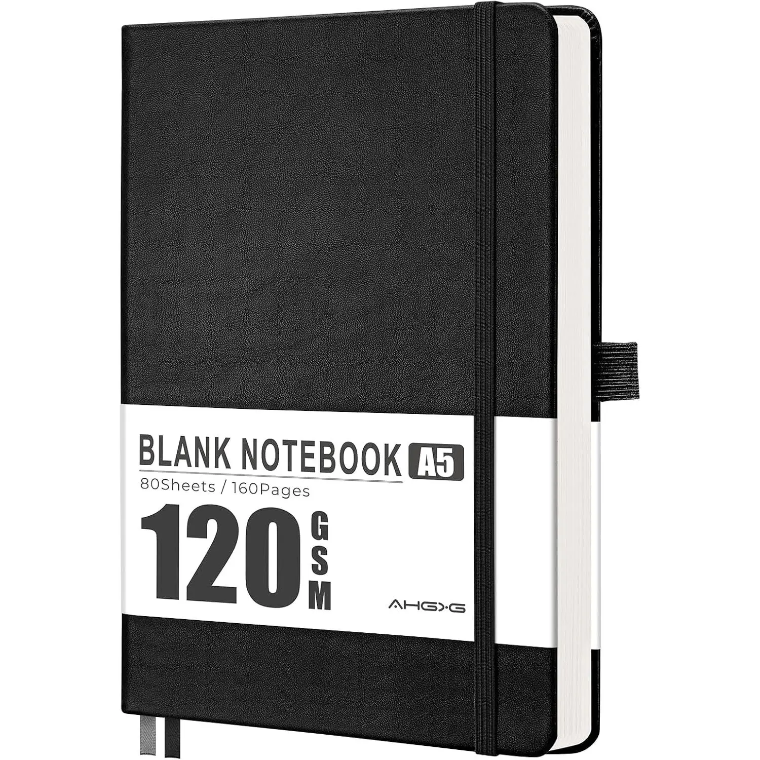 Blank Journal Notebook, 160 Pages, A5 Medium Size (5.7'' x 8.3''), 120 GSM Thick Paper, Leather Hardcover, for Sketching, Drawing, Painting (Black)