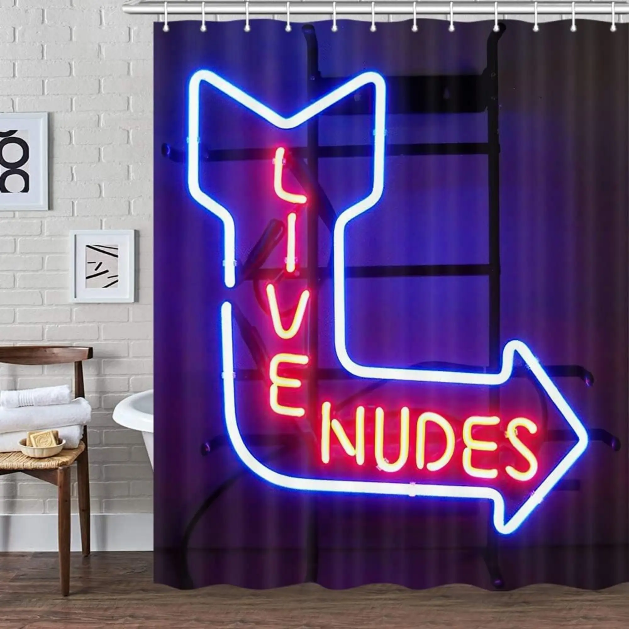 72x72in Waterproof Polyester Funny Neon "Live Nudes" Bathroom Curtains Shower Set with Hooks, Advanced Digital Printing, Added Thickness, Straight/Curved Fit, Cool Dorm Decor, Birthday Party Accessory, Gym, School
