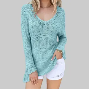 Shewin 2026 Spring/Summer Women's Oversized Hollowout Sweater - Breathable V-Neck Drop Shoulder 7/8 Sleeve Tunic with Ruffle Cuff/Hem for Daily Casual & Vacation Wear