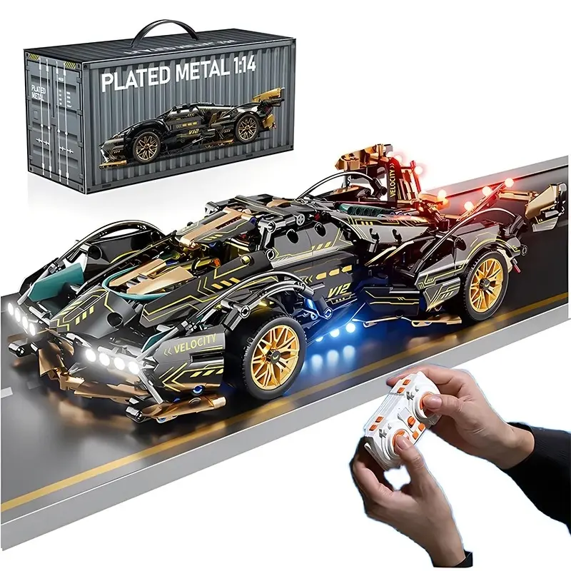 Black V12 Block Roadster RC Tech Racer Remote Control 1:14DIY Roadster building block assembly Model Car Kit Block car toy birthday gift （1280+granule） Lighting Building Blocks Model