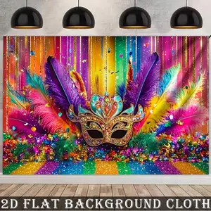 1-Piece Multicolor Polyester Fiber 2D Flat Carnival Background Banner - Rainbow Feather Mask Festival Photo Booth Backdrop, Reusable No-Electricity Home & Festive Decoration for Birthday Gatherings, Garden Celebrations, One-Piece