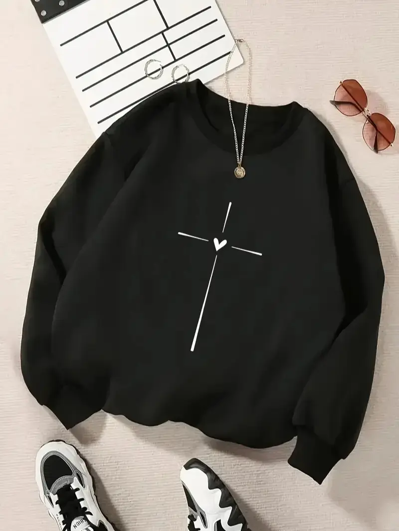 Vertical Cross Sweatshirt,Christian Women Sweater,Cross with Heart Sweatshirt, Jesus Clothing, Religious Mom Gift,Faith Gift