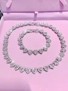 Rhinestone Heart Necklace Jewelry Set, Sparkling Necklace and Bracelet Combo, Romantic Gift for Women, Silver Color Jewelry, Perfect for Parties