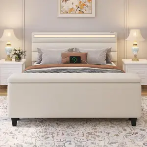 Beige Upholstered Panel Storage Bed, [Size] Bedroom Furniture, RGB LED Lights App Control, Headboard Charging Station With 5 Ports, Bed End Storage Cabinet, Sturdy 1003 Lbs Capacity, Noise Free, No Box Spring Needed