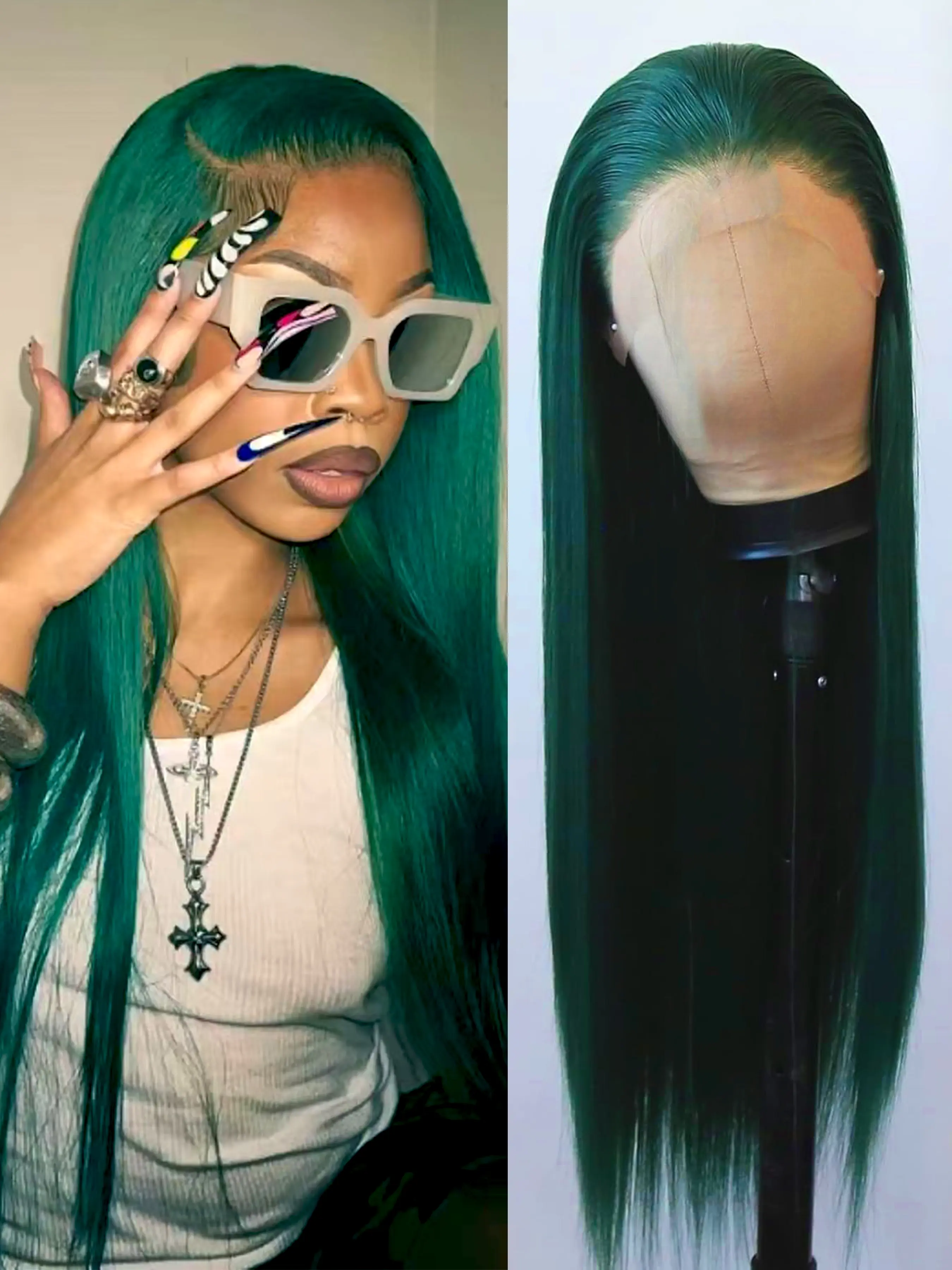 Pine Green Hair Long Straight Synthetic Wig Free Part Heat Friendly Dark Green Fiber Lace Front Wigs Synthetic Material Wigs with High Quality Natural Hairline Glueless Summer Wig Baddies for Women Men Cosplay Party Use Higurashi Cosplay Wig