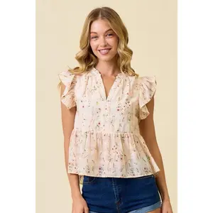 Floral Ruffle Sleeve Top Cream