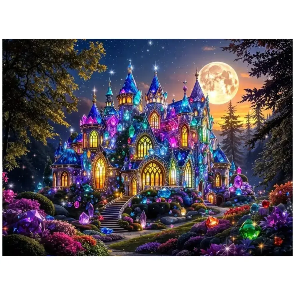Enchanted Gemstone Crystal Castle Moonlight Night 5D Full Drill Diamond Painting Kit Fantasy Magical Palace Garden Landscape Art DIY Cross Stitch Mosaic Craft DIY Craft Supplies Whimsical Home Wall Decor Handmade Gift for Fantasy & Fairy Tale Lovers