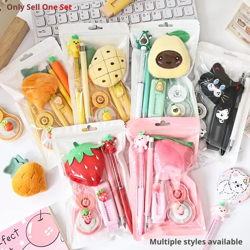 Creative Fruit Theme Stationery Set, 5-Piece Student Aesthetic School Study Supplies Learning Materials, Includes Pencils, Pens, Erasers, Badges, Ideal for Classroom Rewards, Gift Option, Cute Stationery Set