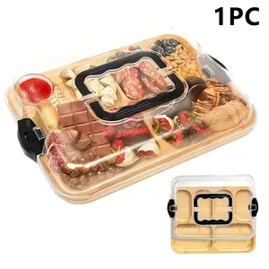 1Pcs Portable Charcuterie Board & Clear Lid, 6-Compartment Snackle Box & Cheese Tray, Kitchen Chopping Board & Veggie Platter. Divided Serving Dish & Snack Organizer for Picnics, Road Trip Snacks, Kids Lunch & Party Entertaining