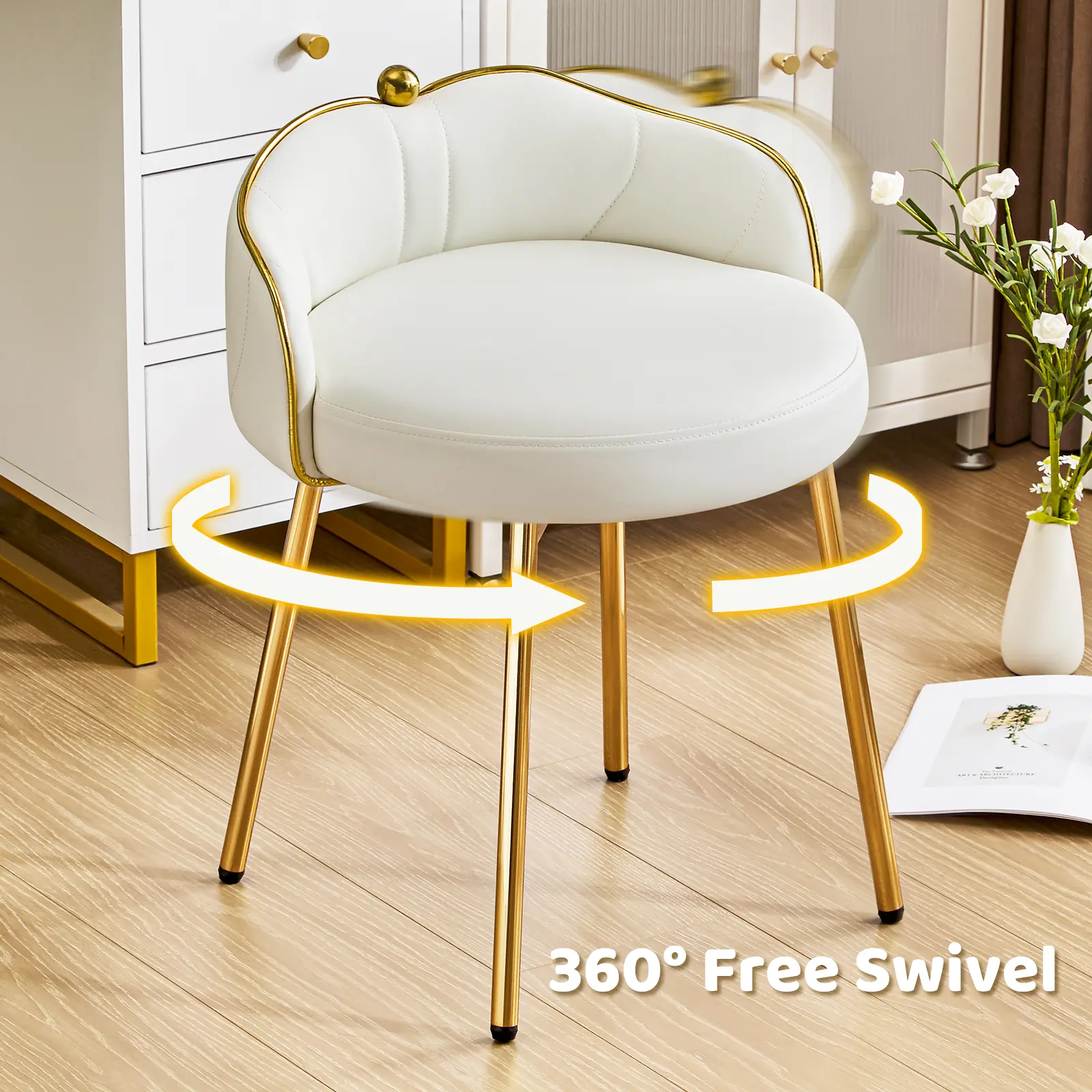 Cute Vanity Chair with Back, Small Armless Leather Makeup Desk Chair No Wheels, Modern Swivel Accent Vanity Stools with Gold Legs for Vanity Bedroom Dress Room
