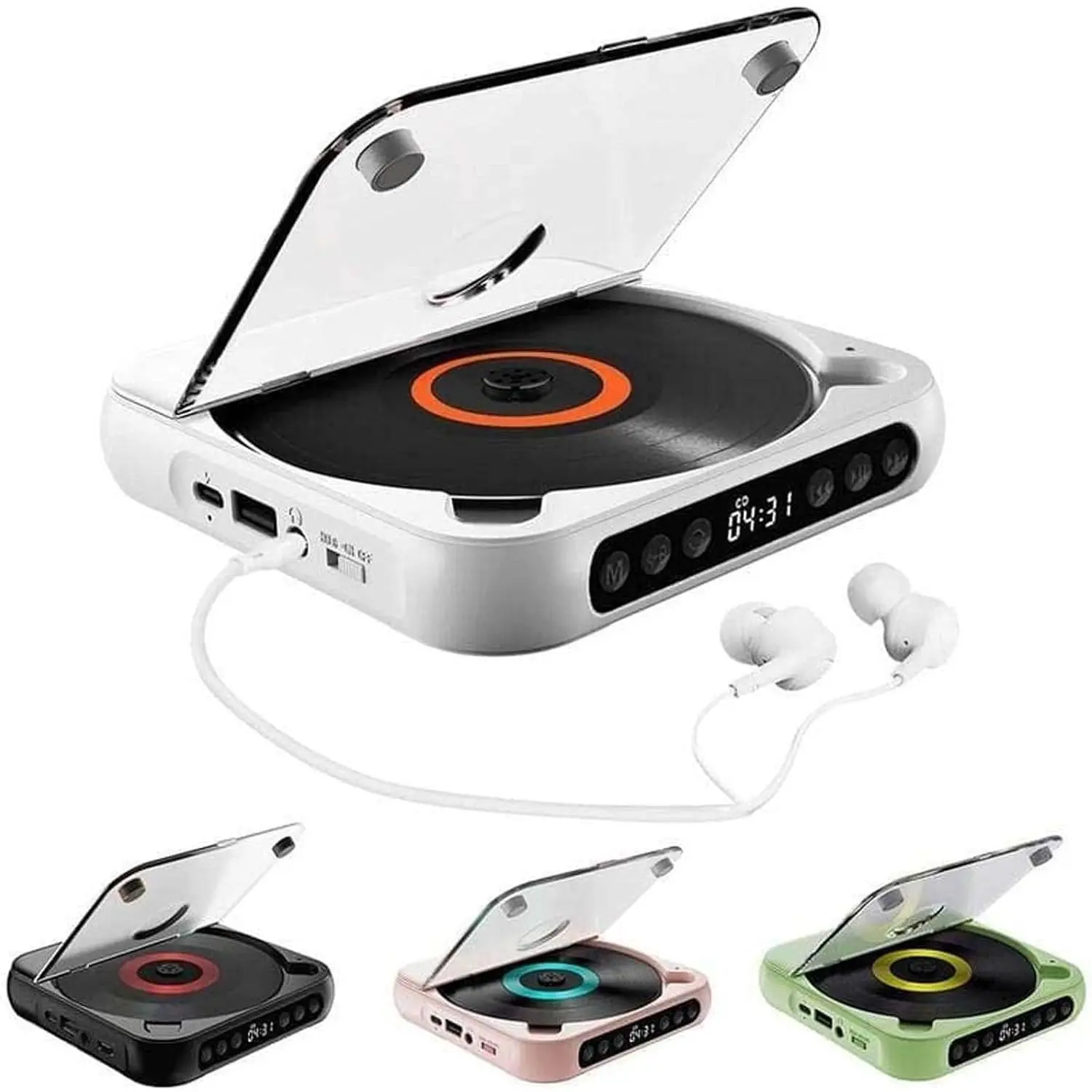 Compact Rechargeable Hi-Fi Audio Portable CD Player with Bluetooth 5.3, 2000mAh Battery, LCD Screen, Built-in Speakers, Wired Headphone Jack, Auxiliary Input, USB Support, Type-C Port (White) for Home, Car