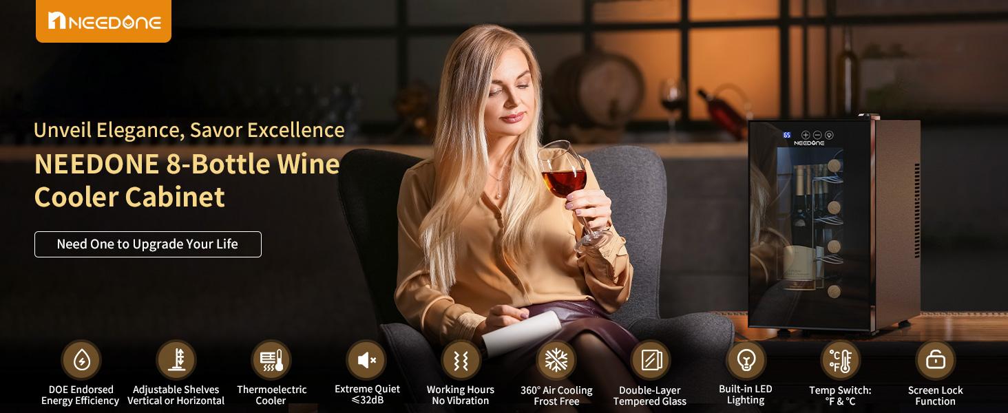 Wine Cooler Fridge, 8 Bottle Wine Chiller with Wine Rack/Lighting, Fast Cooling Thermoelectric Queit Wine Cabinet Cellar for Red White, Energy Efficient Gifts for Women Men