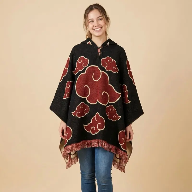 Red Clouds Wool Poncho (CLASSIC), Akatsuki poncho, Anime Japanese Style, Hooded Cape, Warm and cozy, Unisex Design, Gift Ready, Gift Ideas 2026