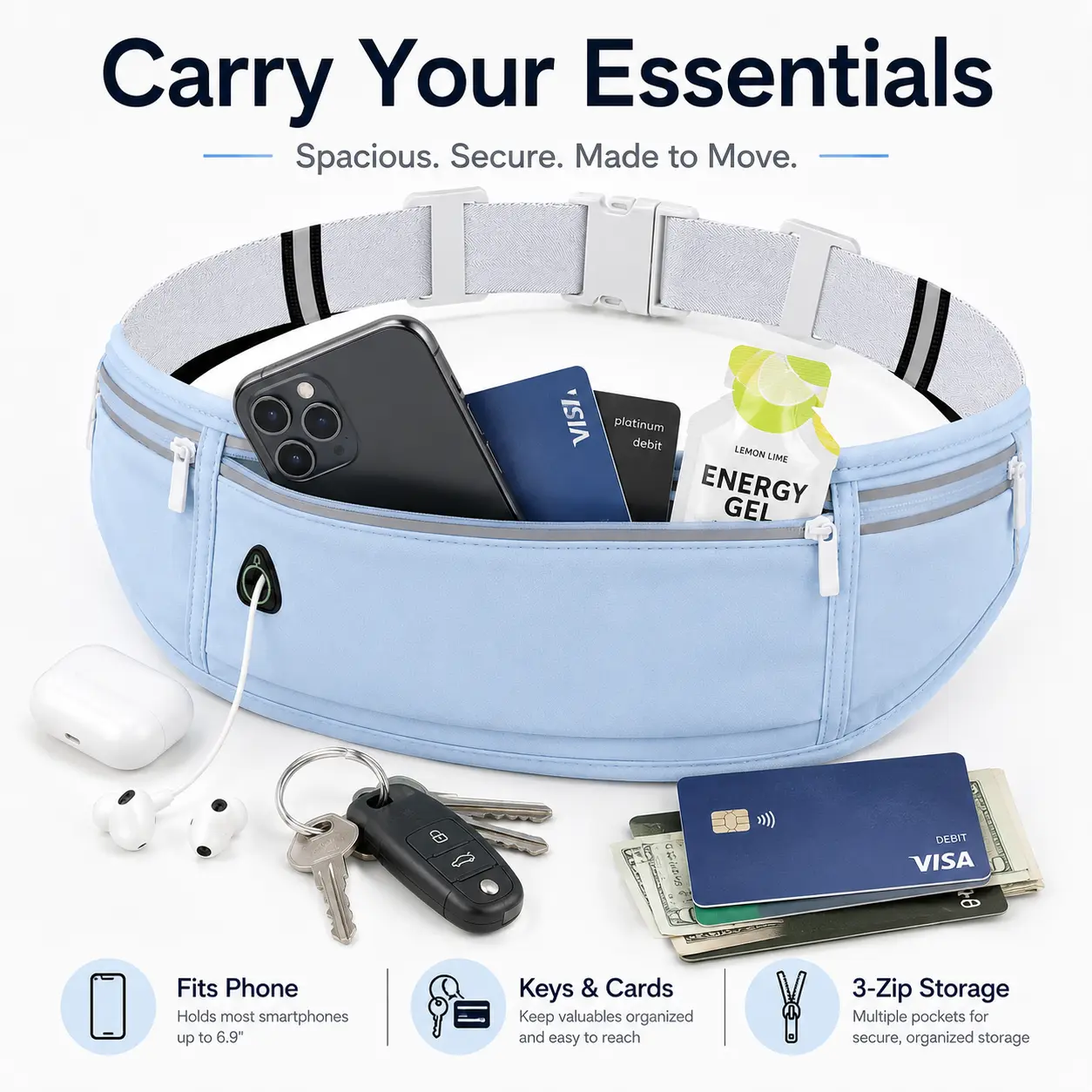 Lightweight Running  for Men and Women, Adjustable 3-Pocket Waist  with Headphone Port for Phone, Keys and Cards, Hands-Free   for Running, Walking and Travel runner marathon pack fanny belt