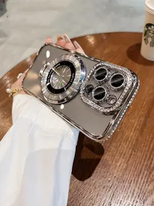 Phone case suitable for iPhone 14/15 series magnetic invisible stand with lens film, fully wrapped anti drop transparent rhinestone frame, high-end feel