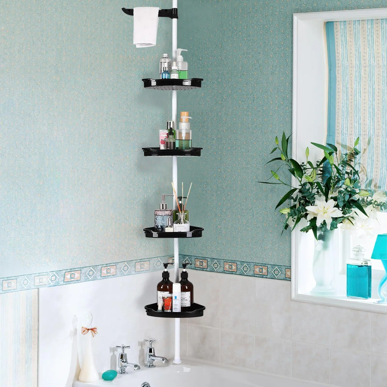 Corner Shower Caddy Tension Pole, Rust-Proof Bathroom Storage Organizer With 4-Tier Adjustable Shelves, Corner Shower Shelf With Rubber Pad, 101.6 Inch-122 Inch Height, Black & White