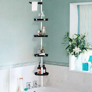 Corner Shower Caddy Tension Pole, Rust-Proof Bathroom Storage Organizer With 4-Tier Adjustable Shelves, Corner Shower Shelf With Rubber Pad, 101.6 Inch-122 Inch Height, Black & White