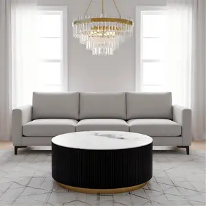 31.5-inch round  black and white coffee table with vertical stripes, featuring a fiberglass stone table top and MDF table body, and two built-in drawers for concealed storage, faux Marble Coffee Table suitable for homes and kitchens