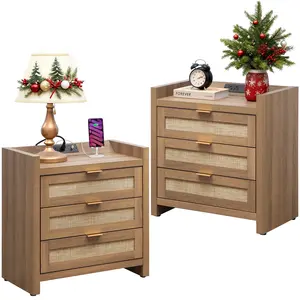 SICOTAS Larger Rattan Night Stand - 15.4"D x 24.8"W x 26.5"H Nightstands with Type-C Charging Station, 3 Rattan Mesh Drawers, Usb port Boho Bedside Table End Table with Storage for Bedroom Sofa Couch Office, Robust and Stylish, Durable