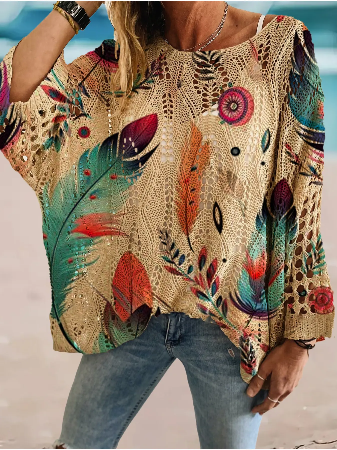 Women's Feather Print Long Sleeve Knit Top, Casual Elegant Chic Vacation Style Sweater Knitwear, Knit Pullover, Loose Batwing Shoulders, Spring Summer Fall Clothes, Womenswear Garment, Lady
