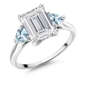 3.41 Cttw 10K White Gold IGI Certified VS Lab Grown Diamond & Sky Blue Aquamarine 3-Stone Engagement Ring For Women | Center Emerald Cut 3 Cttw | 4MM Trillion | Sizes 5-10