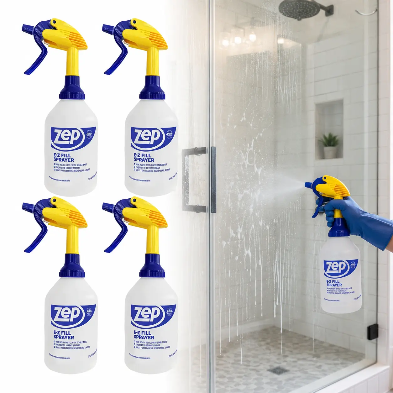 ZEP 32 oz. E-Z Fill Spray Bottle, Commercial Grade High Output Sprayer, Wide Mouth for Easy Mixing, Adjustable Nozzle from Mist to 30 ft Stream, Durable for Professional and Home Use, Includes ID Labels and Graduated Scale.