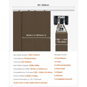 VEVOR Bypass Door Hardware, 6ft Heavy Duty Bypass Sliding Door Hardware Kit, Aluminum Alloy Sliding Closet Door Hardware Set for 2 Door System, Fit Door Thickness 1 3/8 - 1 3/4, Easy to Install