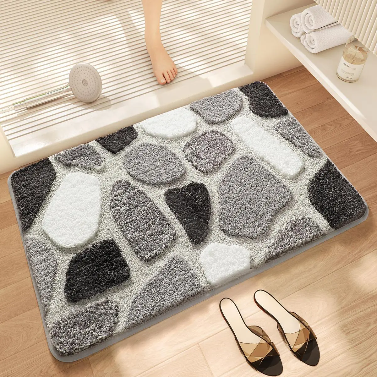 Stone Pattern Bathroom Mat, Bathroom Drying Doormat, 1 Count Soft Thick Non-slip Comfortable Bath Mat, Absorbent Bath Rug, Bathroom Floor Mat for Bathroom Home Dormitory Decor, Soft Bath Mats