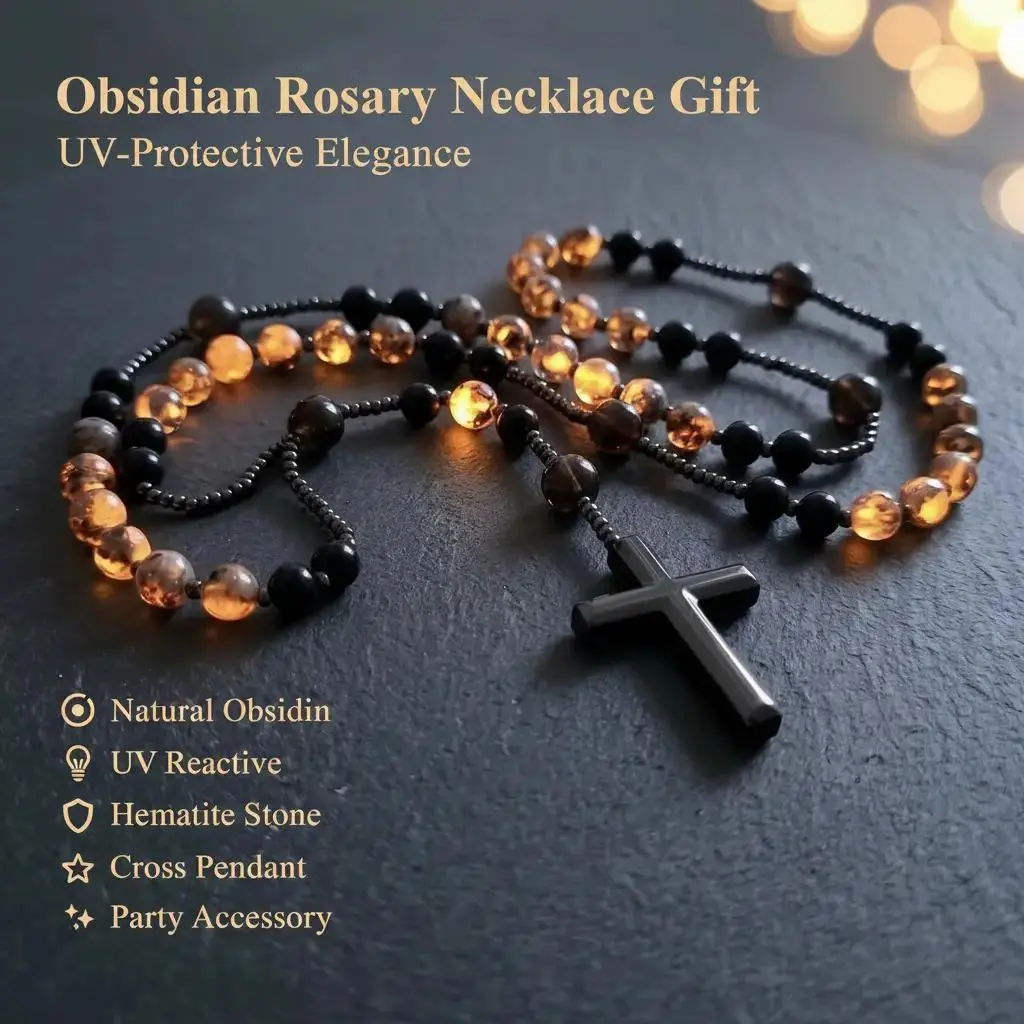 Veliora Gift Natural Obsidian Yooperlite Rosary Necklace UV Reactive Protection Necklace Hematite Stone Cross Pendant Necklace Gift for her, gift for him
