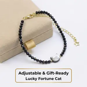 Black Crystal Bracelet with Cat Head Design for Women - Adjustable & Gift-Ready Lucky Fortune Cat