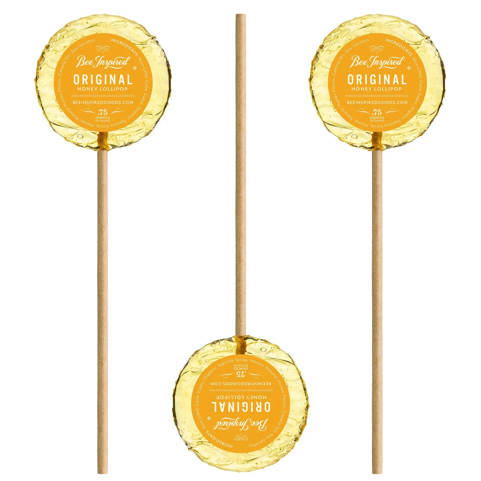 Bee Inspired Original Honey Lollipops Bag of 8 - Natural Sweet Hard Candy Made with Real Honey & Non-GMO Cane Sugar Kosher Handcrafted