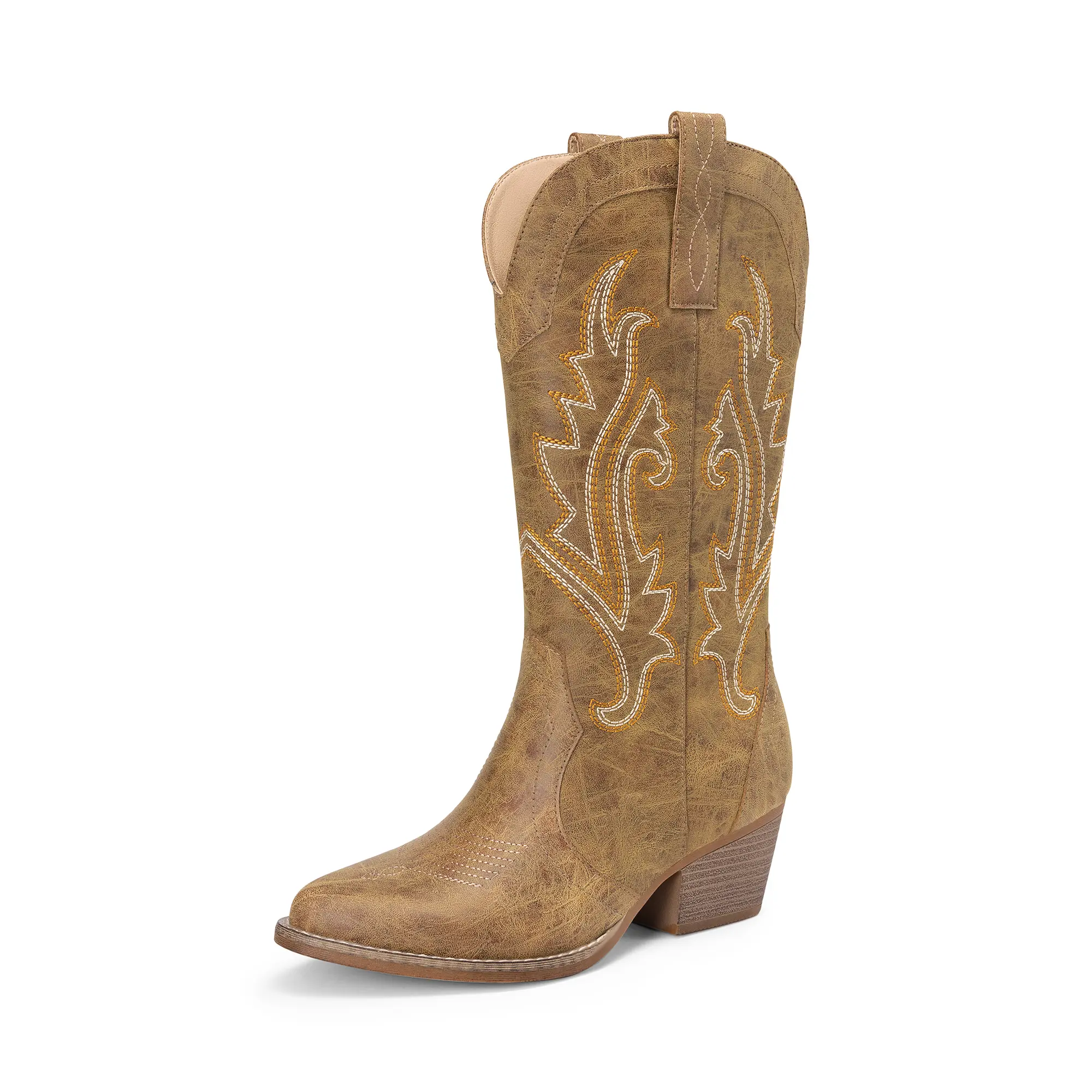 Dream Pairs Women's Embroidered Western Cowgirl Boots, Pointed Toe Mid-Calf Slip-On Boot in Vegan Leather with 2-inch Heel, Pointy Toe Boot, Cowboy Style