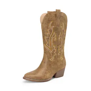 DREAM PAIRS Pointed-Toe Mid-calf Cowgirl Boots