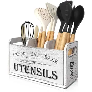 Farmhouse Kitchen Utensil Holder with 3 Compartments, Wooden Utensil Organizer for Countertop, Utensil Holder Rustic Cooking Utensil for Farmhouse Kitchen Decor