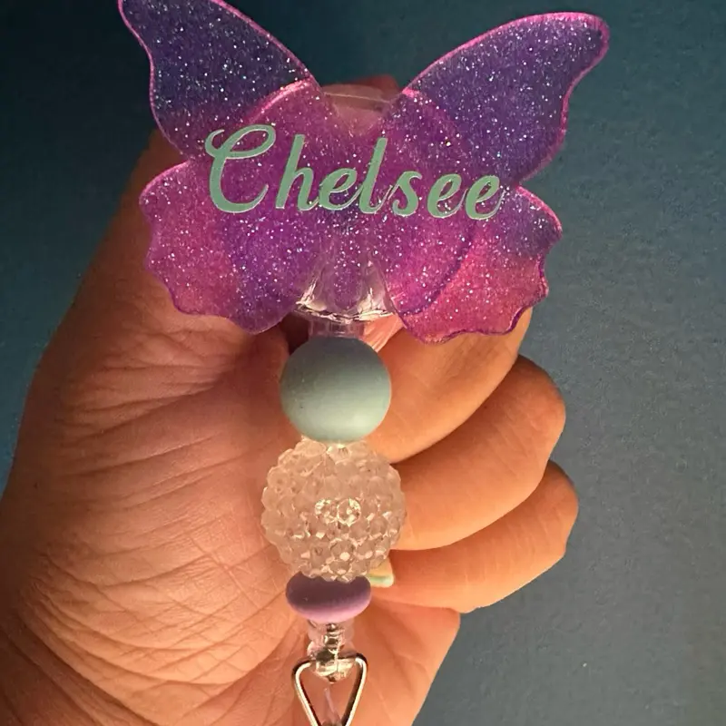 MUST ADD YOUR NAME AT CHECKOUT - Candidly Butterfly Badge Reel - Personalized with Your Name, 2” Diameter, Metal Alligator Clip, 360 Degree Rotation, Hand-Glazed Acrylic Design id