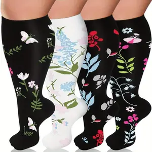 Multiple plus size compression socks for men and women, 15-20mmHg wide calf support, promoting blood circulation, floral pattern, soft nylon and spandex knit fabric, hand wash only, compression long socks for pregnant womenGift