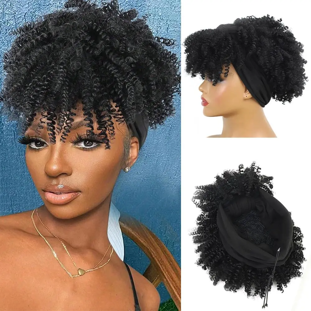 Short Elastic Curly Headscarf Wig Synthetic Fibre Voluminous Afro Curls 8-inch High Curls with Integrated Headband Scarf Wig Suitable for Women
