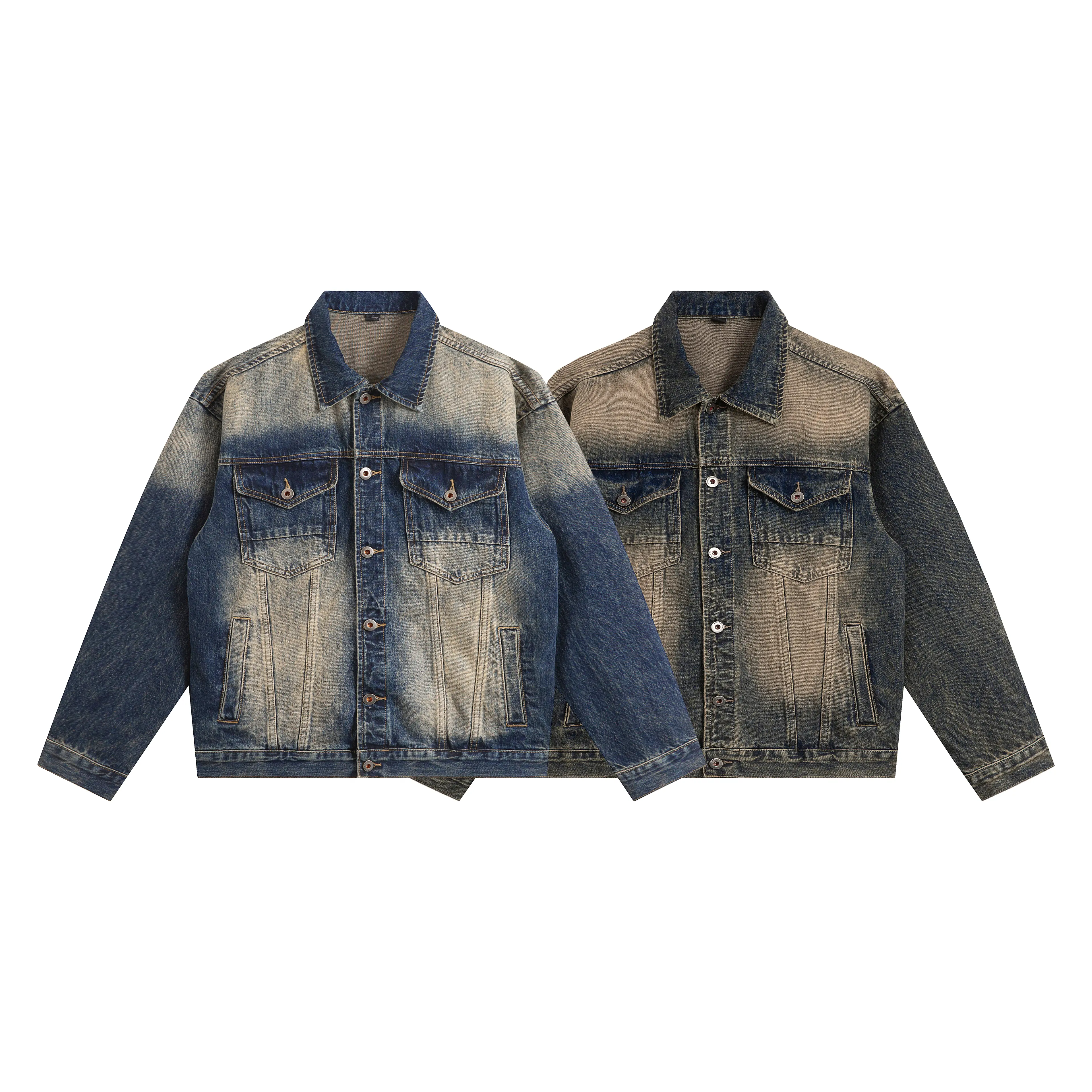 denim jacket、trucker jacket、vintage washed denim、distressed fade、gradient wash、oversized streetwear、y2k cowboy coat、hip hop skate outerwear