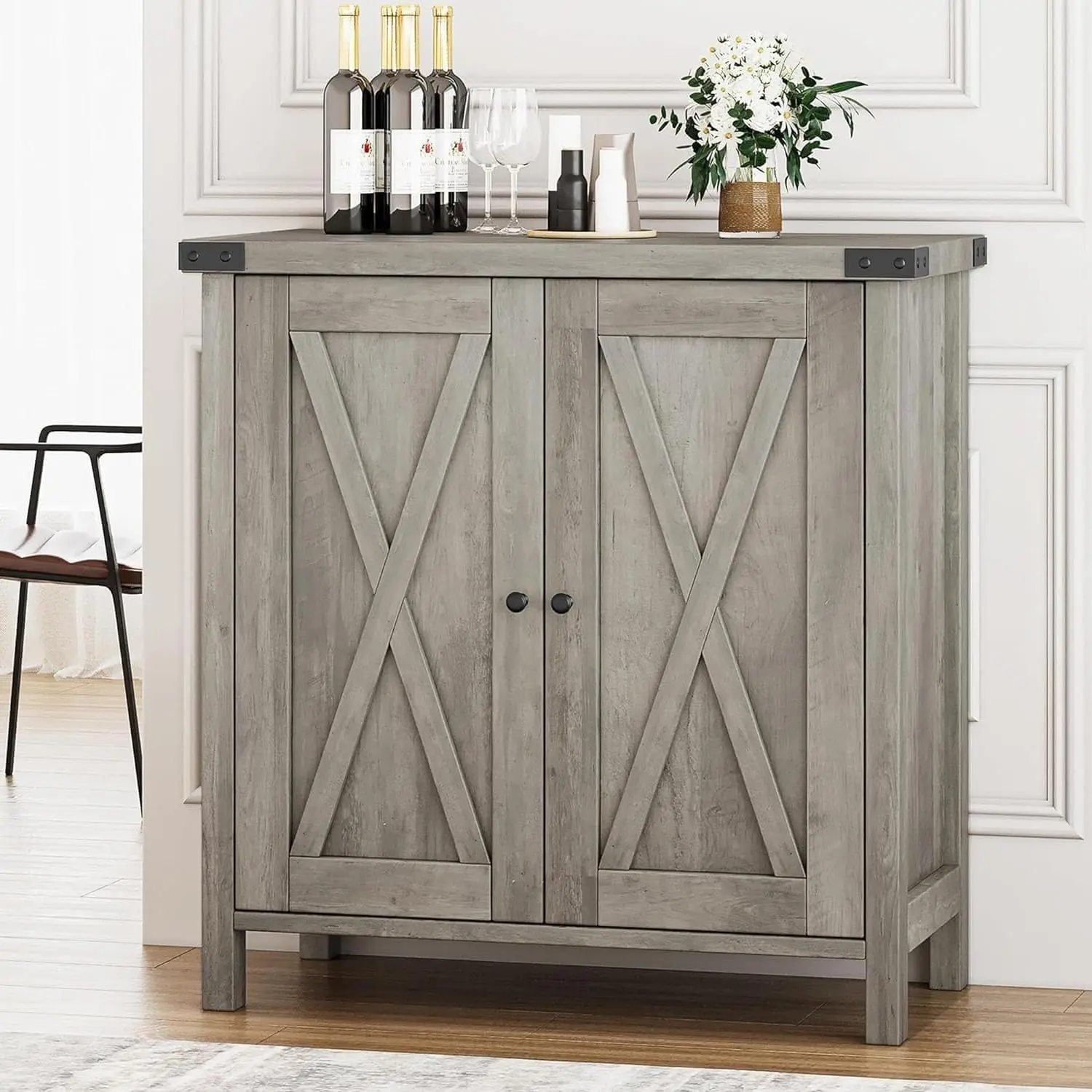 Garvee Gray Farmhouse Sideboard Buffet Cabinet with Adjustable Shelves and Barn Doors Rustic Modern Coffee Bar and Kitchen Organizer Gray