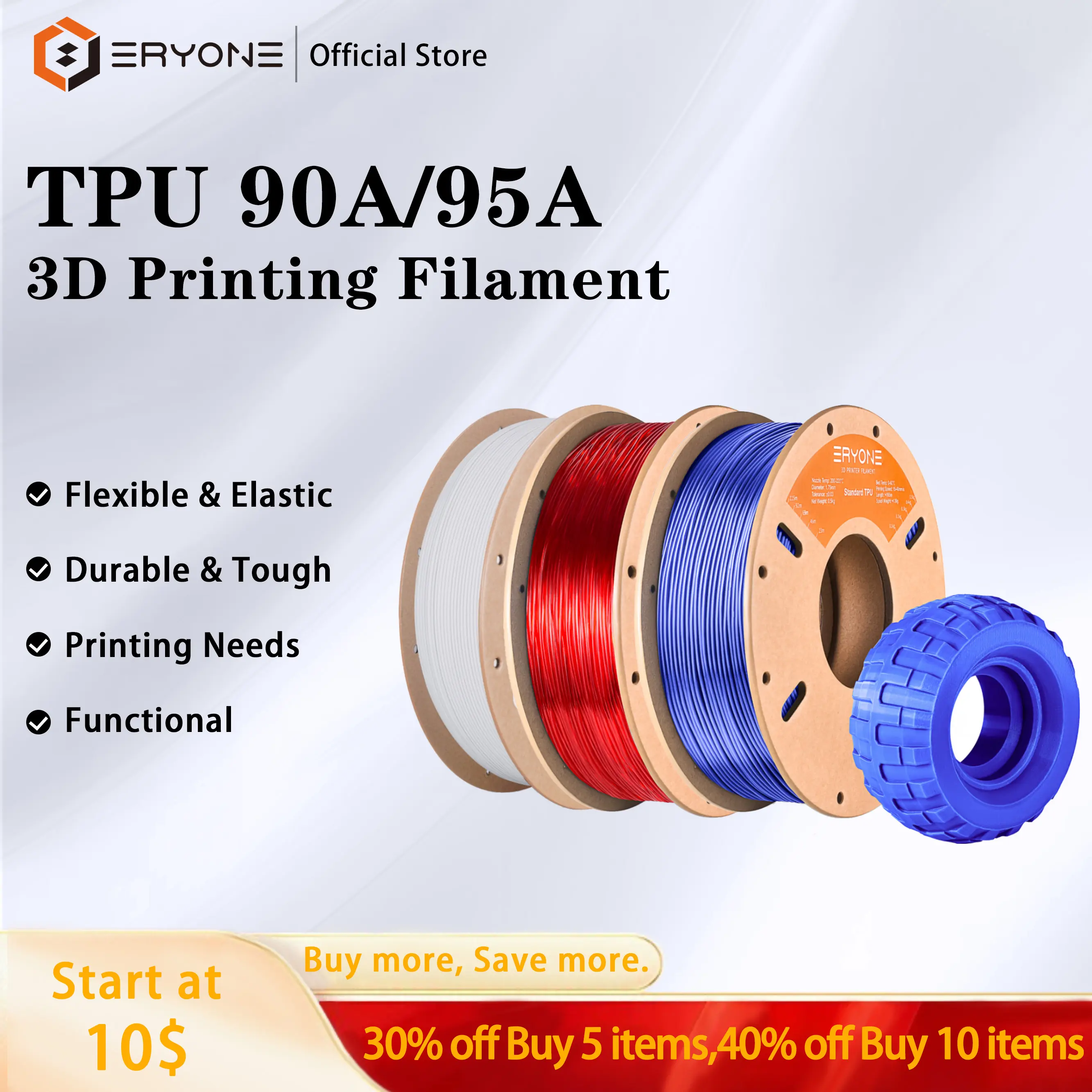 ERYONE TPU 3D Printer Filament (85A/90A/95A), 1.75mm Diameter 1kg Spool, Flexible, Eco-Friendly, Durable, Easy-to-Print, Adhesive, Tough, Elastic with High Tensile Strength for Most FDM Printers, No