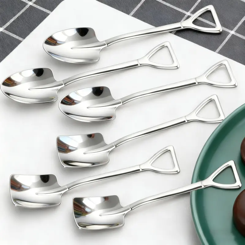 6/8pcs Creative Shovel Spoon & Fork Set, Stainless Steel Dessert Serving Spoons for Ice Cream & Fruit, Aesthetic Silver/Gold/Rainbow Cutlery, Durable Party Tableware, Unique Kitchen Gift Idea