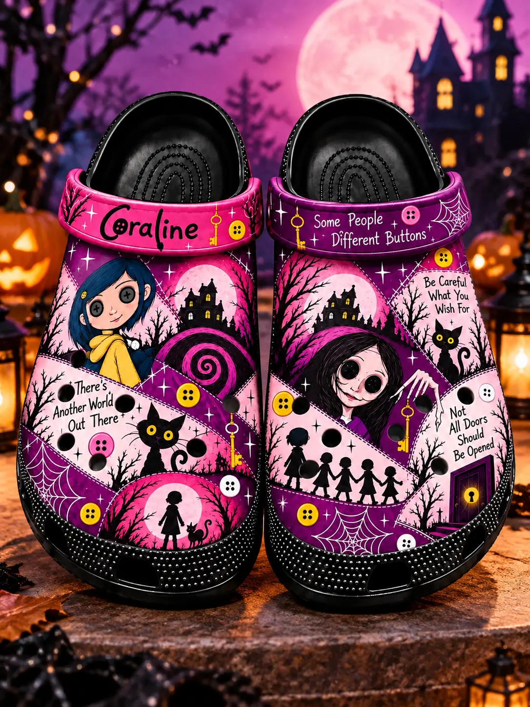 Coraline Inspired Gothic Clogs – Spooky Button Eyes Cartoon Clog Shoes, Black Cat & Haunted House Design, Lightweight Slip-On Garden Sandals, Halloween Gift for Women & Men