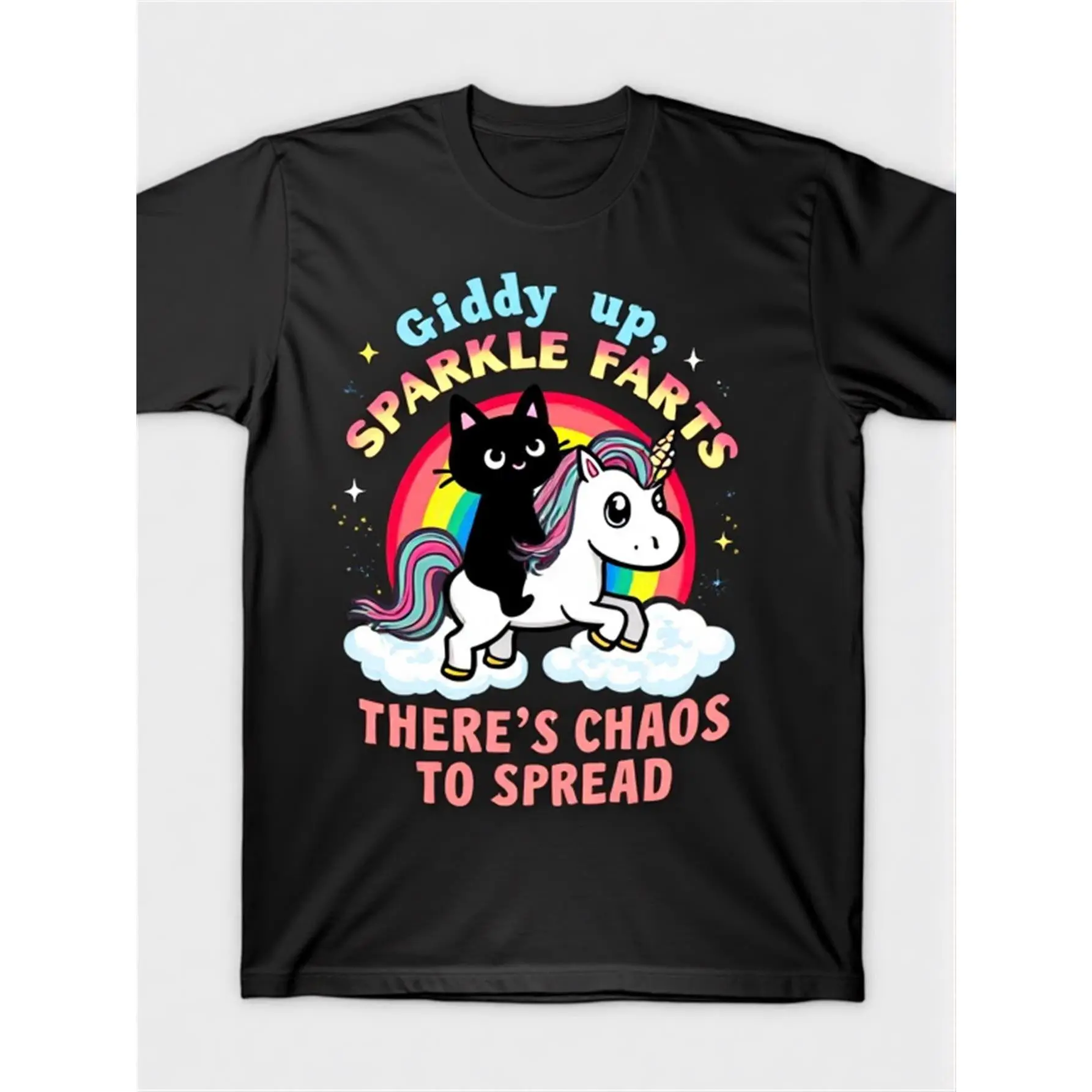 Men's Round Neck "Giddy Up Sparkle Farts" Graphic T-Shirt - 100% Cotton, Funny Cat Unicorn Print, Casual Short-Sleeve Menswear Streetwear Top