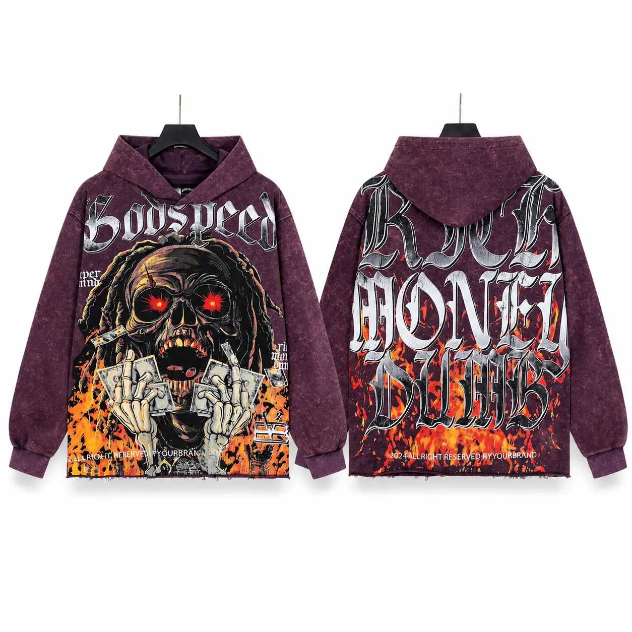 GODSPEED Y2K Skull Graphic Oversized Hoodie, 100% Heavyweight Cotton Pullover with Front and Back Flame Print, Gothic Grunge Streetwear Sweatshirt for Men Women