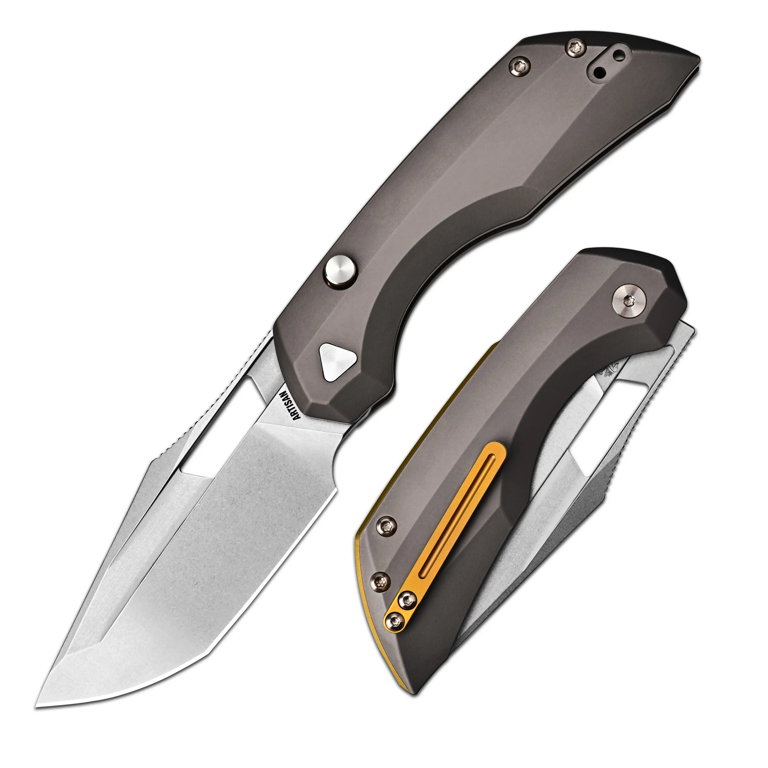 ArtisanCutlery Mousebird Pocket Knife 3'' CPM S35VN Stone Wash Blade, Top Liner Lock EDC Knife Titanium Handle Gold Titanium Clip for camping, Hunting and Everyday Carry