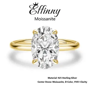 Effinny 3.0 Carat Elongated 14K Yellow Gold Plated Excellent Oval Cut Solitaire Synthetic Moissanite Engagement Ring, D Color VVS1 Promise 925 Sterling Silver Jewelry for Women, Wedding